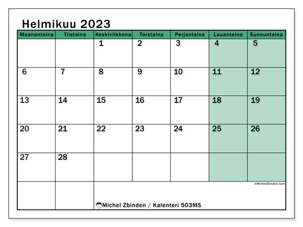 Kalenteri helmikuu 2023, 503MS. Ilmainen tulostettava kalenteri.