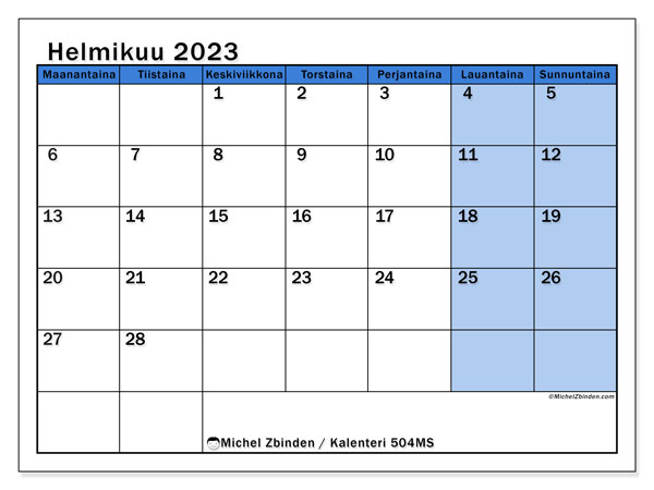 Tulostettava kalenteri, helmikuu 2023, 504MS