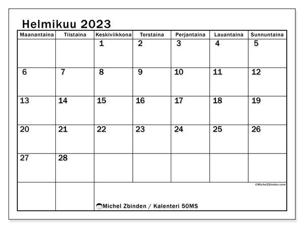 Tulostettava kalenteri, helmikuu 2023, 50MS