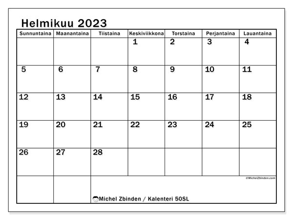 Tulostettava kalenteri, helmikuu 2023, 50SL