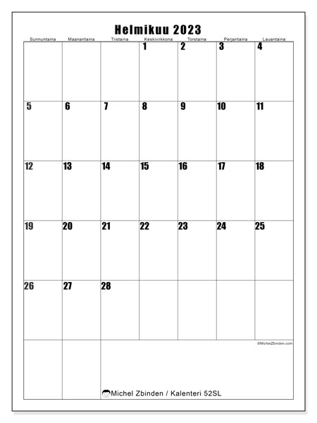 Tulostettava kalenteri, helmikuu 2023, 52SL