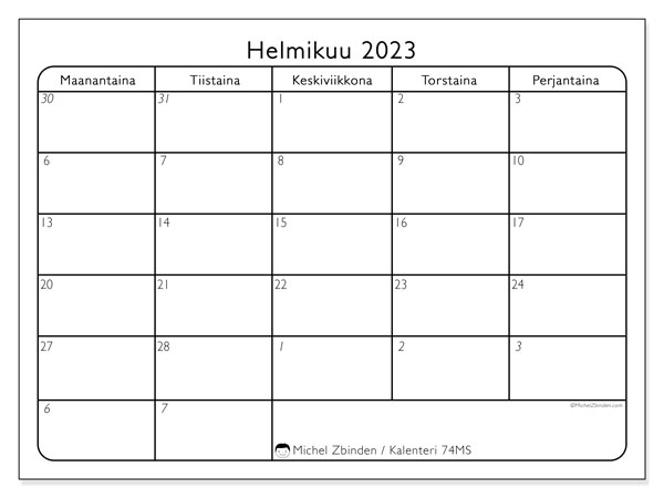 Tulostettava kalenteri, helmikuu 2023, 74MS