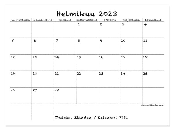 Tulostettava kalenteri, helmikuu 2023, 77SL