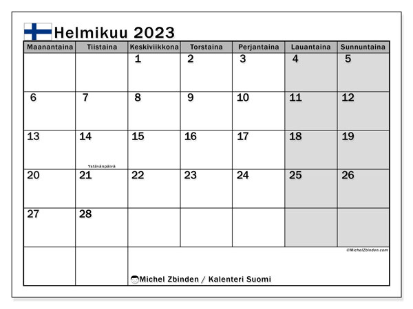 Kalenteri, jossa on Suomen yleiset vapaapäivät, helmikuu 2023, tulostettavaksi ilmaiseksi. Ilmainen tulostettava suunnitelma