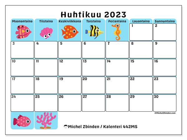 Tulostettava kalenteri, huhtikuu 2023, 442MS