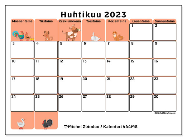 Tulostettavat kalenteri huhtikuu 2023. Kuukausikalenteri “444MS” ja vapaa tulostettava päiväkirja