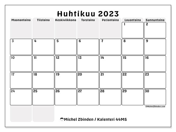 Tulostettavat kalenteri huhtikuu 2023. Kuukausikalenteri “44MS” ja päiväkirja ilmaiseksi tulostettavaksi