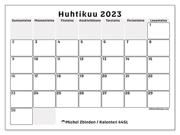 Tulostettava kalenteri, huhtikuu 2023, 44SL
