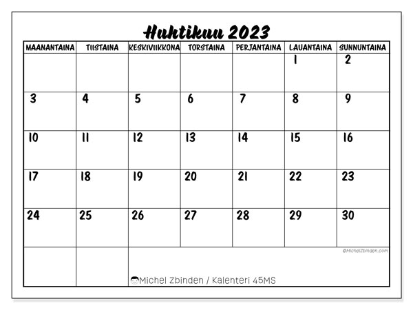 45MS, kalenteri huhtikuu 2023, tulostettavaksi, ilmainen.