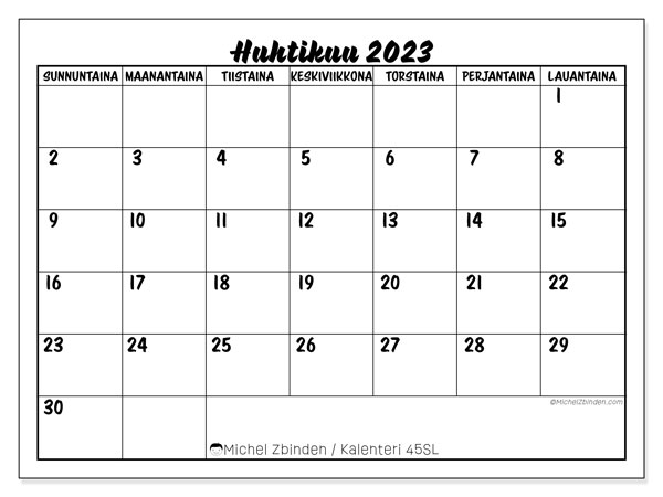 Kalenteri huhtikuu 2023, 45SL. Ilmainen tulostettava kalenteri.