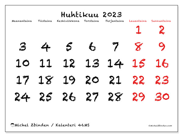 46MS, kalenteri huhtikuu 2023, tulostettavaksi, ilmainen.