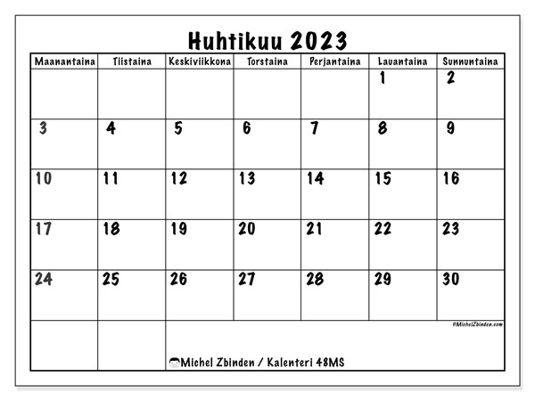 Tulostettavat kalenteri huhtikuu 2023. Kuukausikalenteri “48MS” ja vapaa tulostettava päiväkirja
