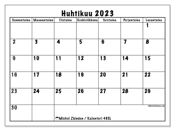 Tulostettava kalenteri, huhtikuu 2023, 48SL