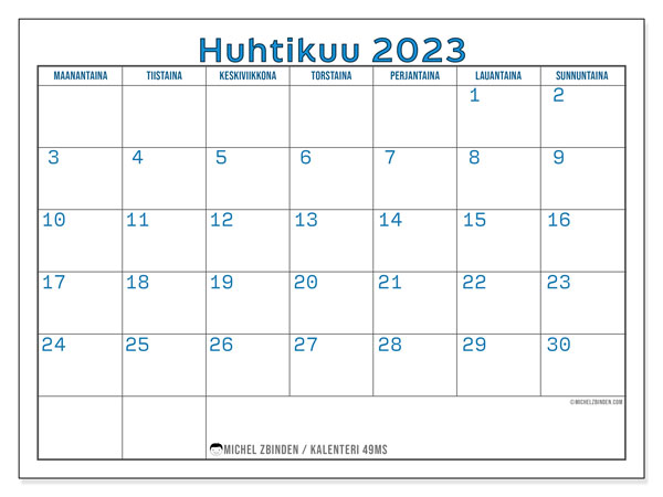 Tulostettava kalenteri, huhtikuu 2023, 49MS