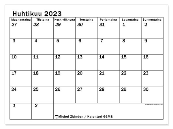 Tulostettava kalenteri, huhtikuu 2023, 501MS