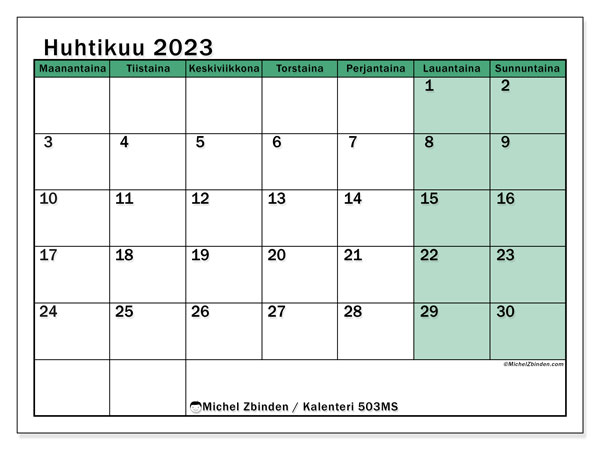 Tulostettavat kalenteri huhtikuu 2023. Kuukausikalenteri “503MS” ja aikataulu ilmaiseksi tulostettavaksi