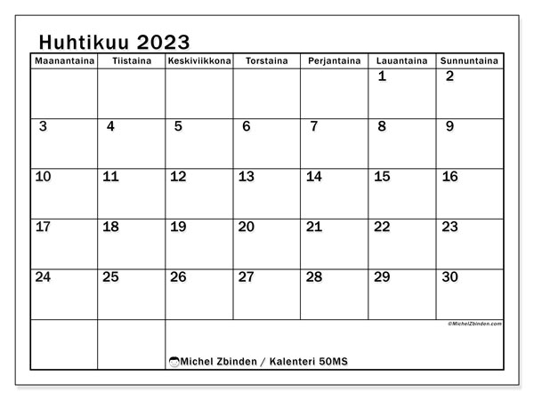 50MS, kalenteri huhtikuu 2023, tulostettavaksi, ilmainen.