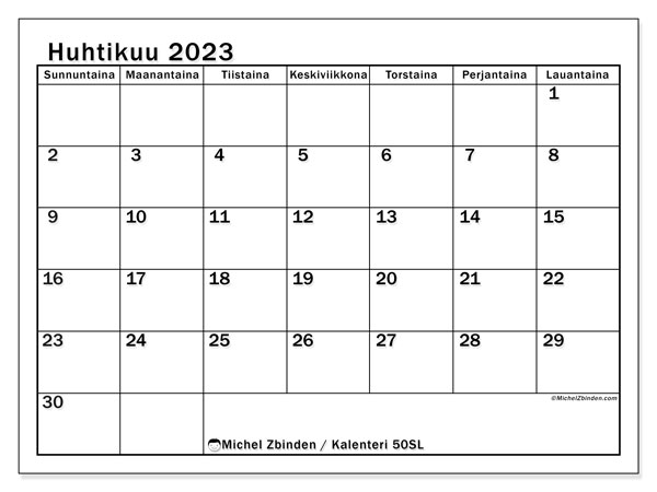 Tulostettava kalenteri, huhtikuu 2023, 50SL