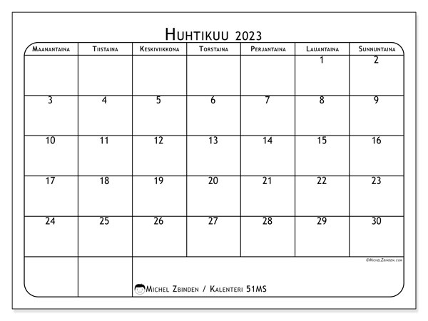 Kalenteri 51MS, huhtikuu 2023, painatusta varten, maksutta. Ilmainen tulostettava aikataulu