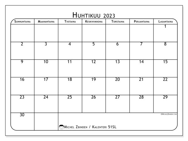 Kalenteri huhtikuu 2023, 51SL. Ilmainen tulostettava kalenteri.