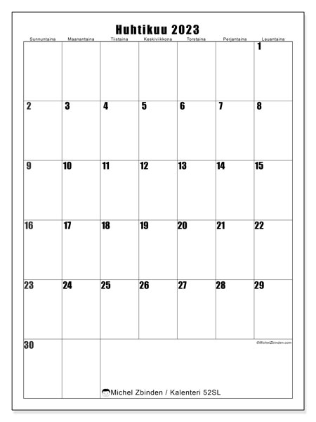 Tulostettavat kalenteri huhtikuu 2023. Kuukausikalenteri “52SL” ja aikataulu ilmaiseksi tulostettavaksi