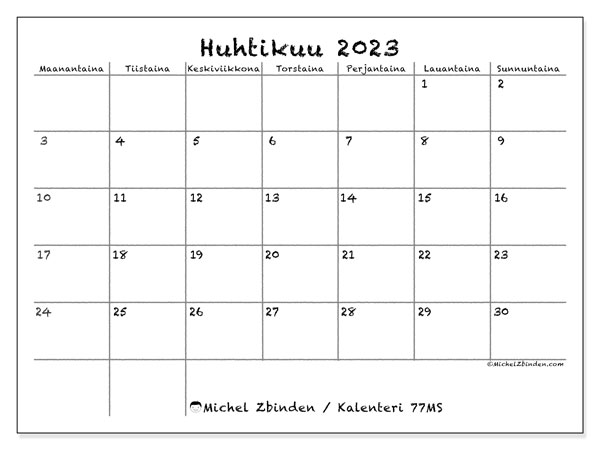 Tulostettava kalenteri, huhtikuu 2023, 77MS