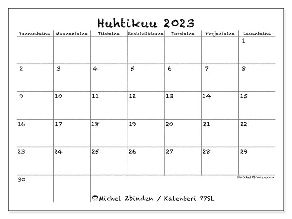 Tulostettava kalenteri, huhtikuu 2023, 77SL