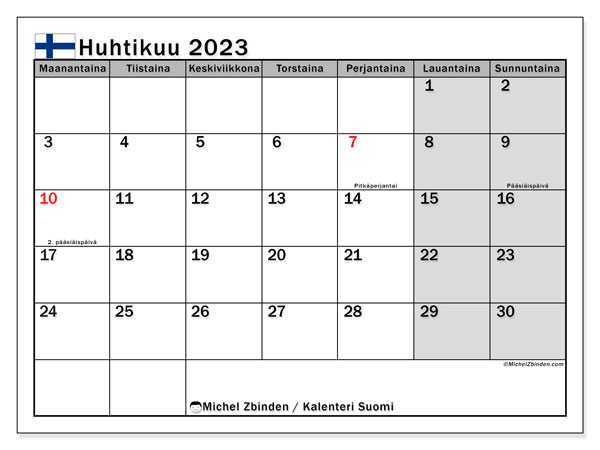 Kalenteri, jossa on Suomen yleiset vapaapäivät, huhtikuu 2023, tulostettavaksi ilmaiseksi. Ilmainen tulostettava suunnitelma