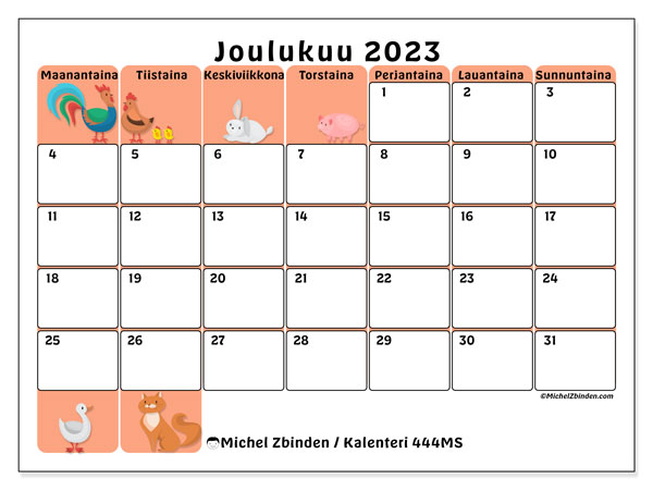 Kalenteri joulukuu 2023, 444MS. Ilmainen tulostettava kalenteri.