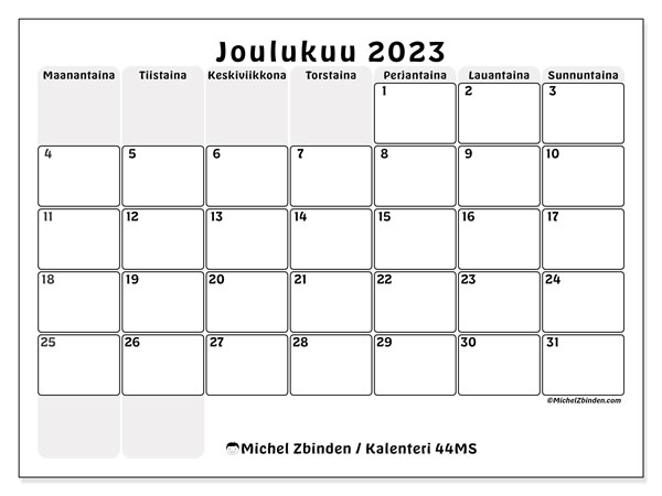 Kalenteri joulukuu 2023, 44MS. Ilmainen tulostettava kalenteri.