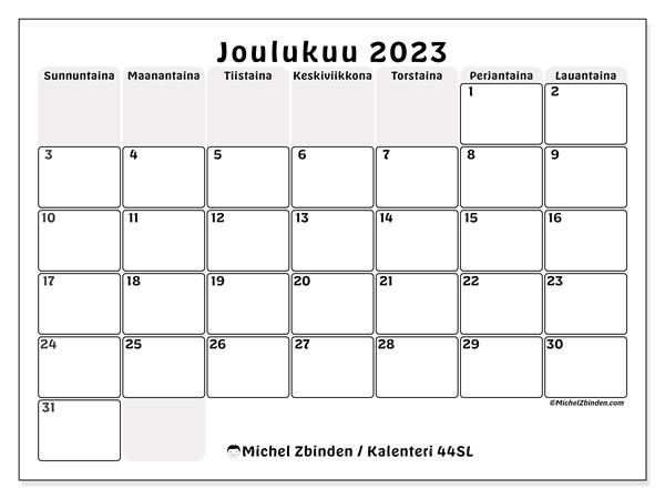 Tulostettava kalenteri, joulukuu 2023, 44SL