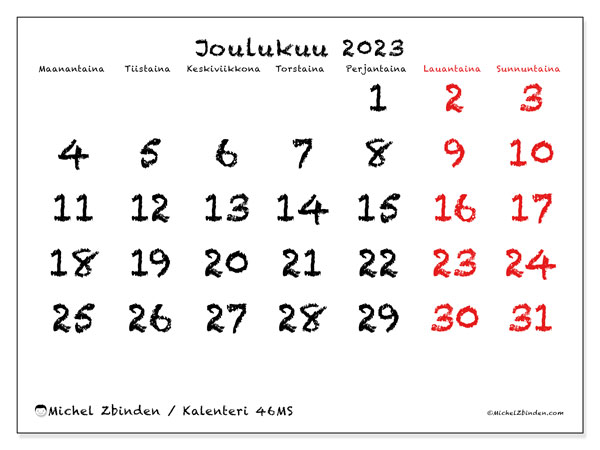 Tulostettava kalenteri, joulukuu 2023, 46MS