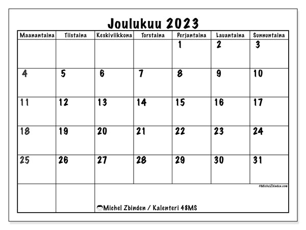 Tulostettava kalenteri, joulukuu 2023, 48MS