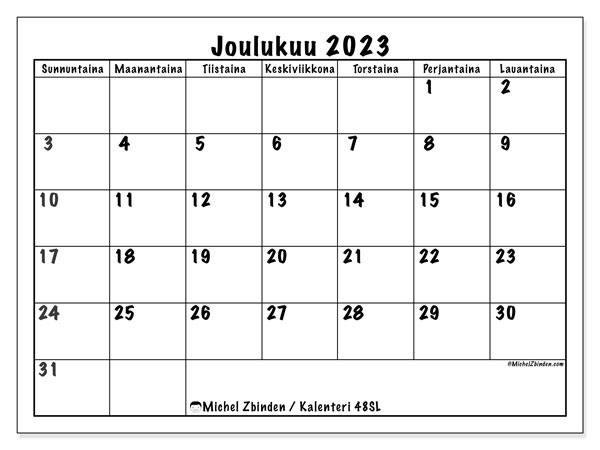 Kalenteri joulukuu 2023, 48SL. Ilmainen tulostettava kartta.