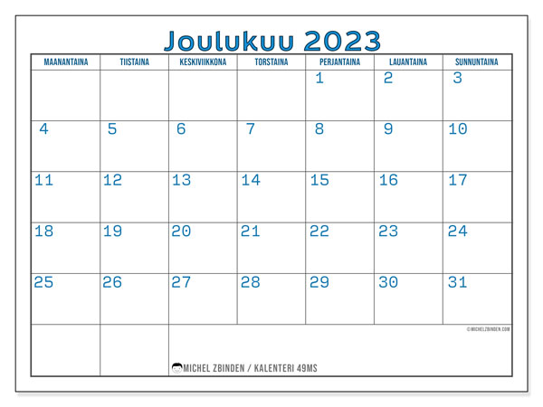 Kalenteri joulukuu 2023, 49MS. Ilmainen tulostettava kalenteri.