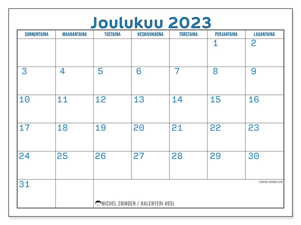 Kalenteri joulukuu 2023, 49SL. Ilmainen tulostettava kalenteri.