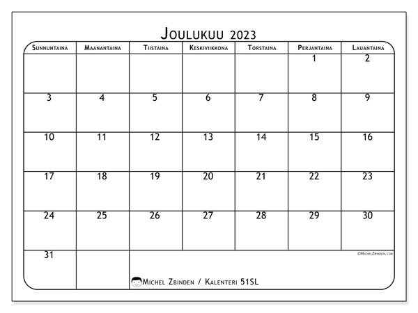 Kalenteri joulukuu 2023, 51SL. Ilmainen tulostettava lehti.