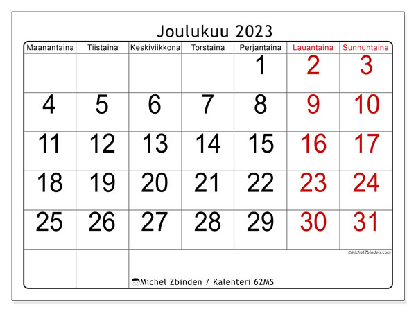 Tulostettava kalenteri, joulukuu 2023, 62MS