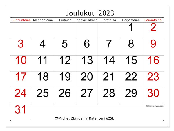 Kalenteri joulukuu 2023, 62SL. Ilmainen tulostettava ohjelma.