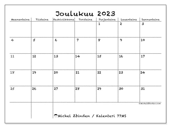 Kalenteri joulukuu 2023, 77MS. Ilmainen tulostettava ohjelma.