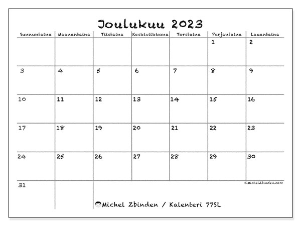 Kalenteri joulukuu 2023, 77SL. Ilmainen tulostettava lehti.