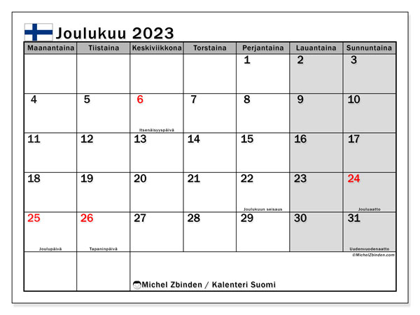 Suomi, kalenteri joulukuu 2023, tulostettavaksi, ilmainen.