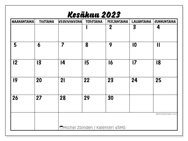 Tulostettava kalenteri, kesäkuu 2023, 45MS