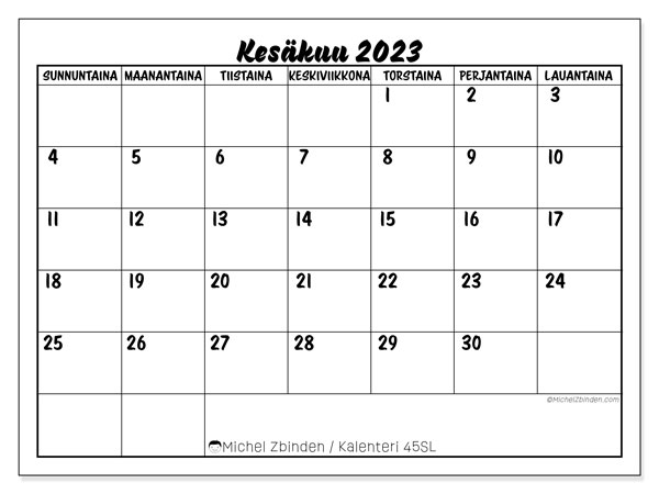 Tulostettava kalenteri, kesäkuu 2023, 45SL