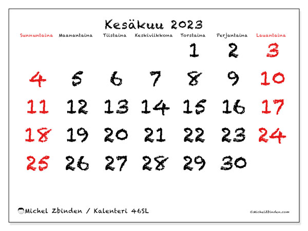 Kalenteri kesäkuu 2023 “46”. Ilmainen tulostettava aikataulu.. Sunnuntaista lauantaihin