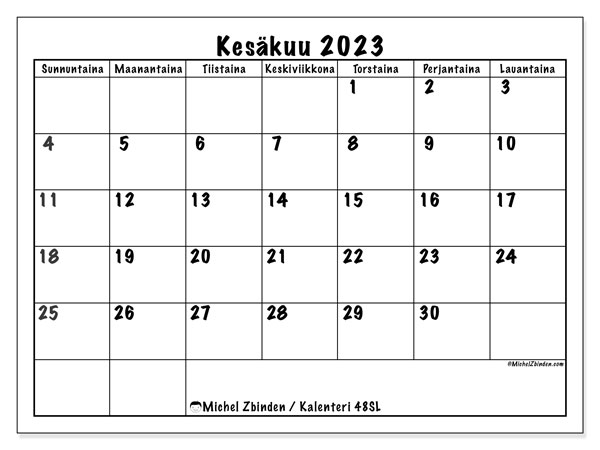 Kalenteri kesäkuu 2023, 48SL. Ilmainen tulostettava kartta.