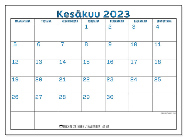 Tulostettava kalenteri, kesäkuu 2023, 49MS