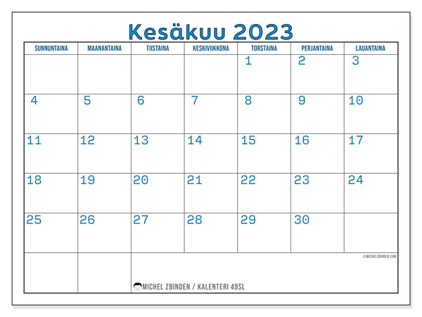 Tulostettava kalenteri, kesäkuu 2023, 49SL
