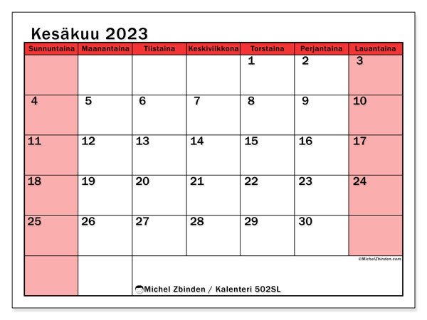 Tulostettava kalenteri, kesäkuu 2023, 502SL