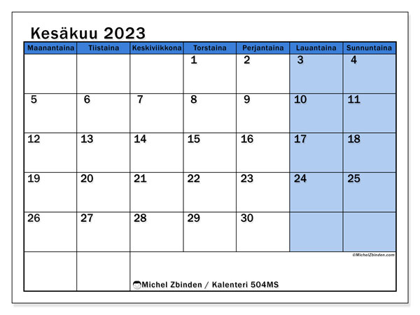 Kalenteri kesäkuu 2023, 504MS. Ilmainen tulostettava kartta.